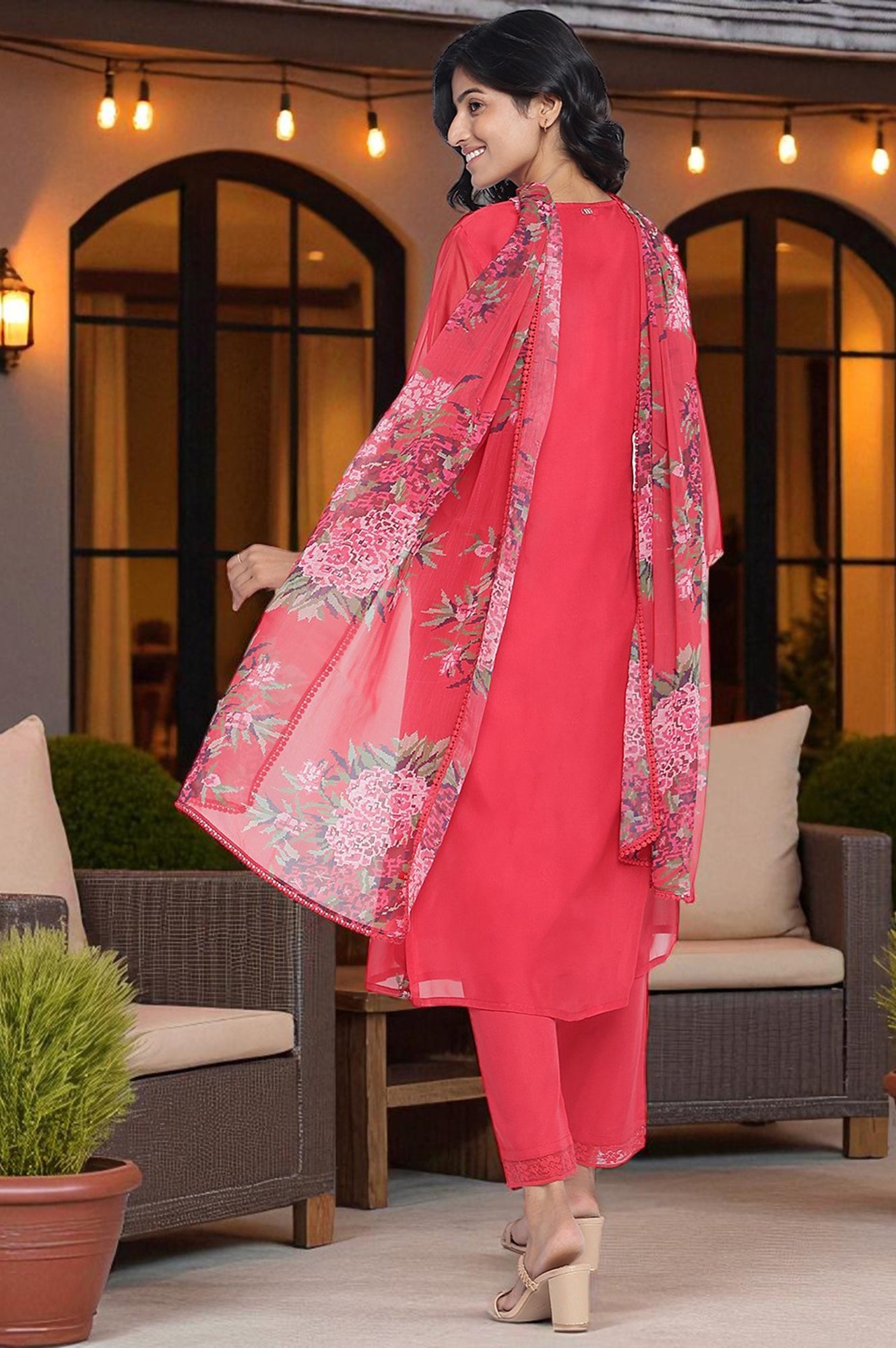 Red Embroidered Printed Organza Straight Kurta, Straight Pant and Dupatta Set