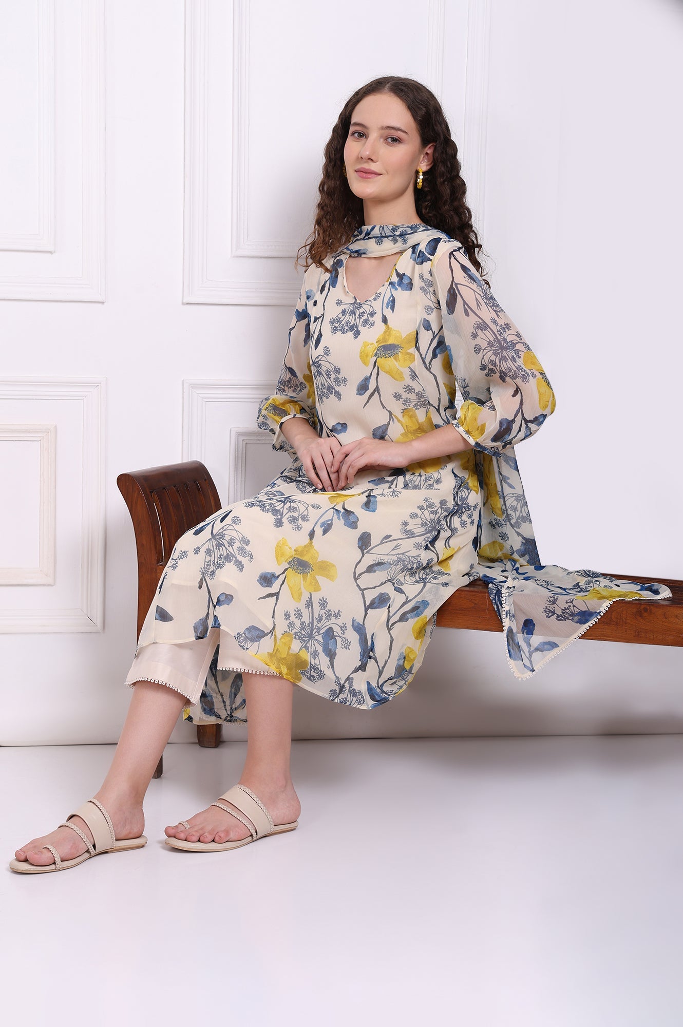 Ecru Floral Printed Chiffon Flared Kurta, Pants and Dupatta Set