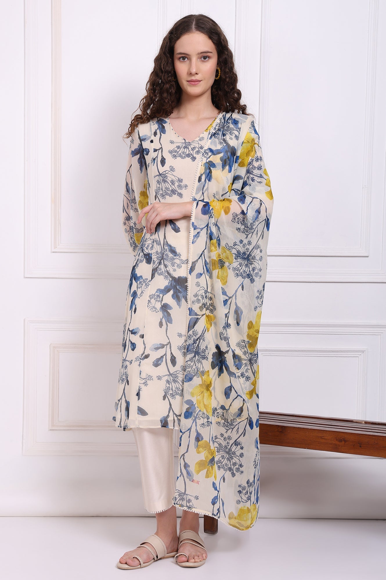 Ecru Floral Printed Chiffon Flared Kurta, Pants and Dupatta Set
