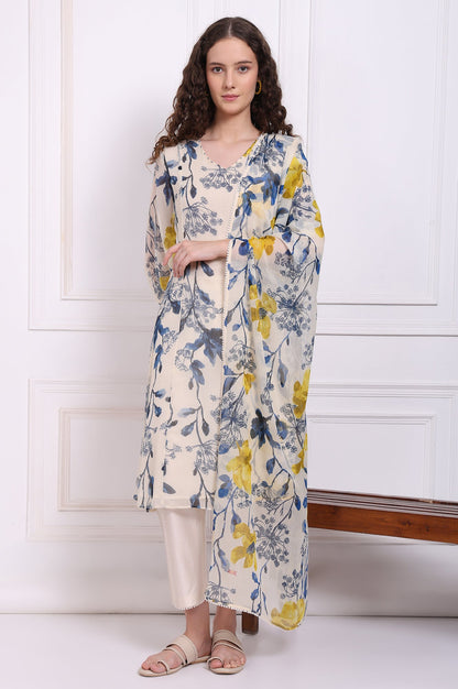 Ecru Floral Printed Chiffon Flared Kurta, Pants and Dupatta Set