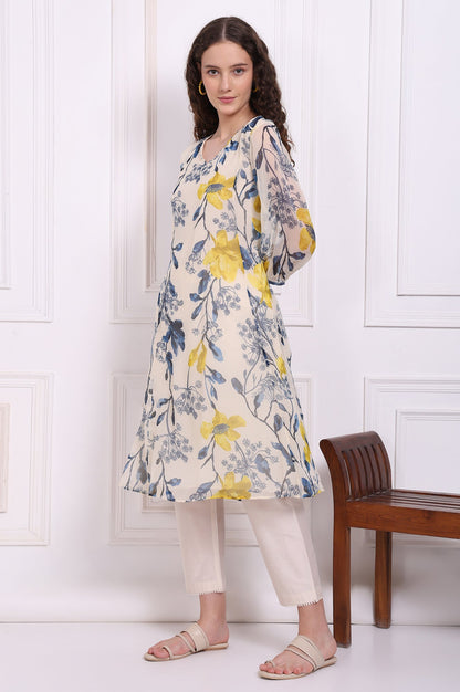 Ecru Floral Printed Chiffon Flared Kurta, Pants and Dupatta Set