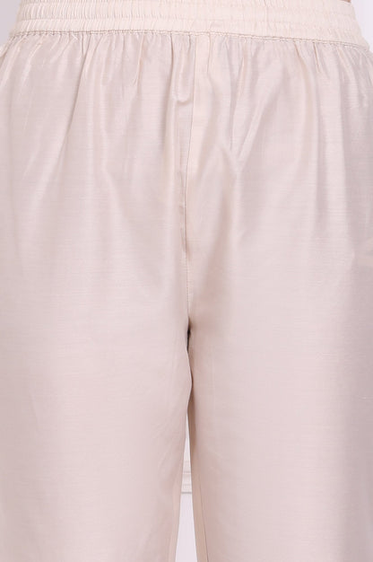 Ecru Floral Printed Chiffon Flared Kurta, Pants and Dupatta Set