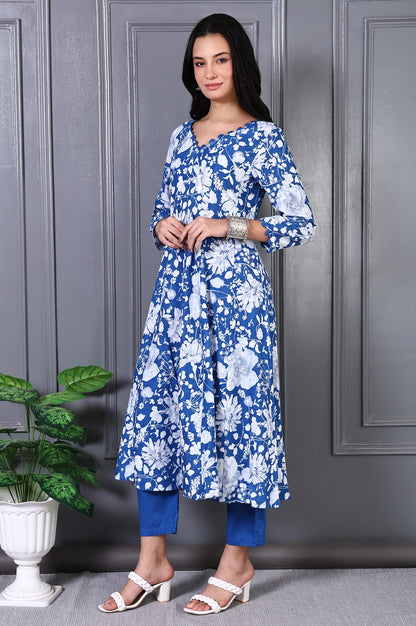 Blue Floral Printed Lace Rayon Flared Kurta, Pants and Dupatta Set