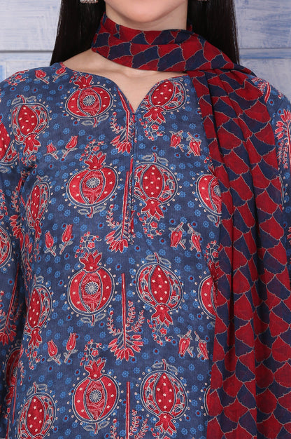 Blue Printed Modal Straight Kurta, Pants and Dupatta Set