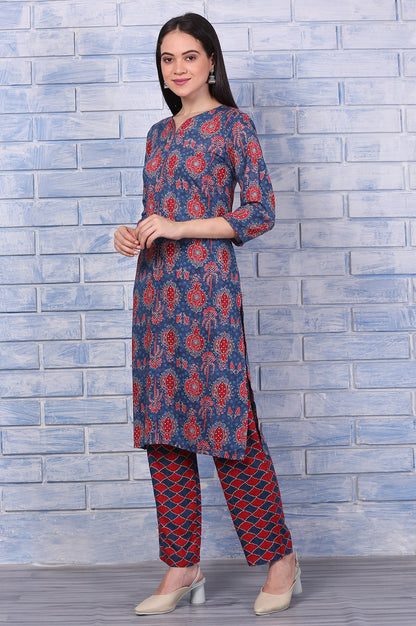 Blue Printed Modal Straight Kurta, Pants and Dupatta Set