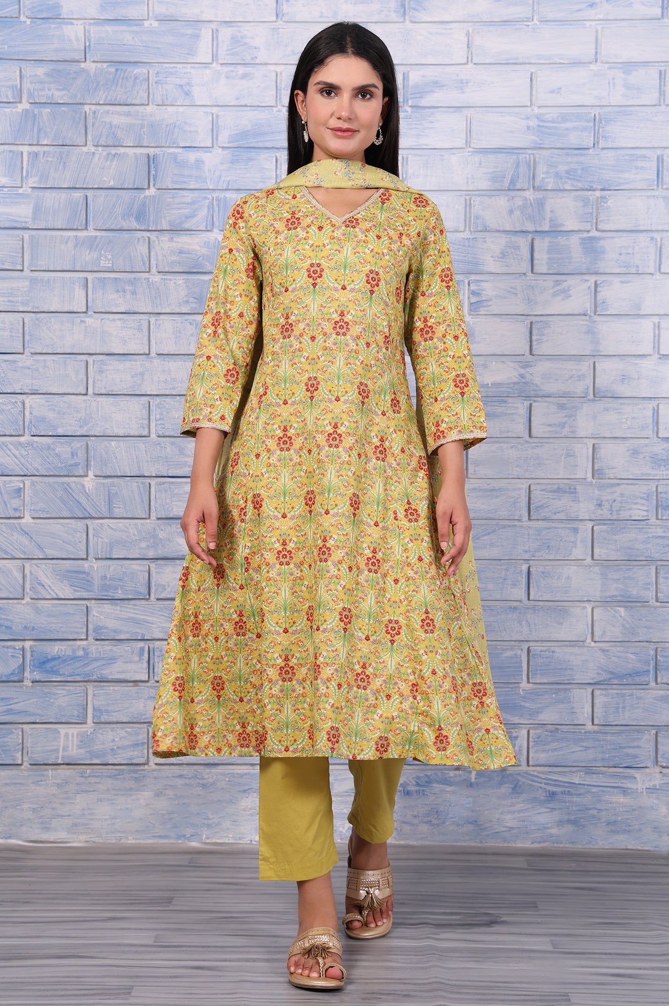 Green Floral Printed Lace Pure Cotton Flared Kurta, Straight Pant And Dupatta Set