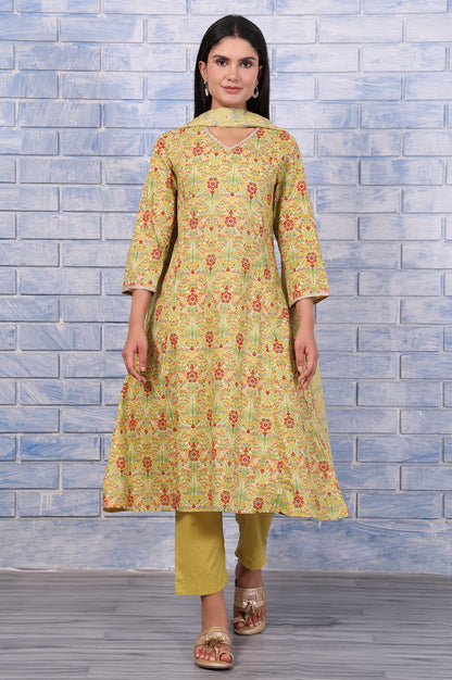 Green Floral Printed Lace Pure Cotton Flared Kurta, Straight Pant And Dupatta Set
