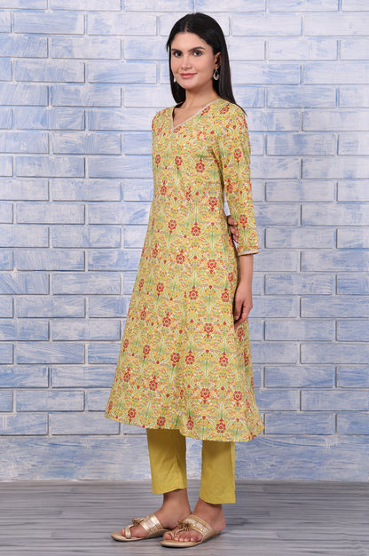 Green Floral Printed Lace Pure Cotton Flared Kurta, Straight Pant And Dupatta Set