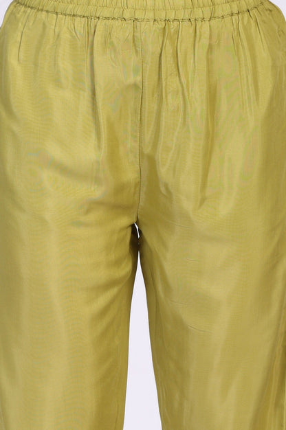 Green Floral Embroidered A-Line Tissue Kurta with Straight Pant and Dupatta Set