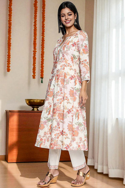 Seashell White Printed Pure Cotton Flared Kurta, Straight Pant and Dupatta Set