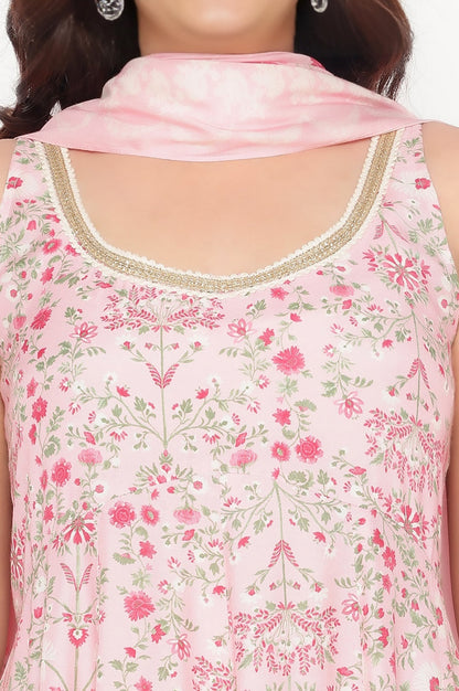 Rose Pink Printed Shantung Flared Kurta, Parallel Pant and Dupatta Set