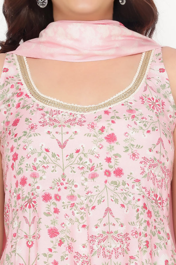 Rose Pink Printed Shantung Flared Kurta, Parallel Pant and Dupatta Set