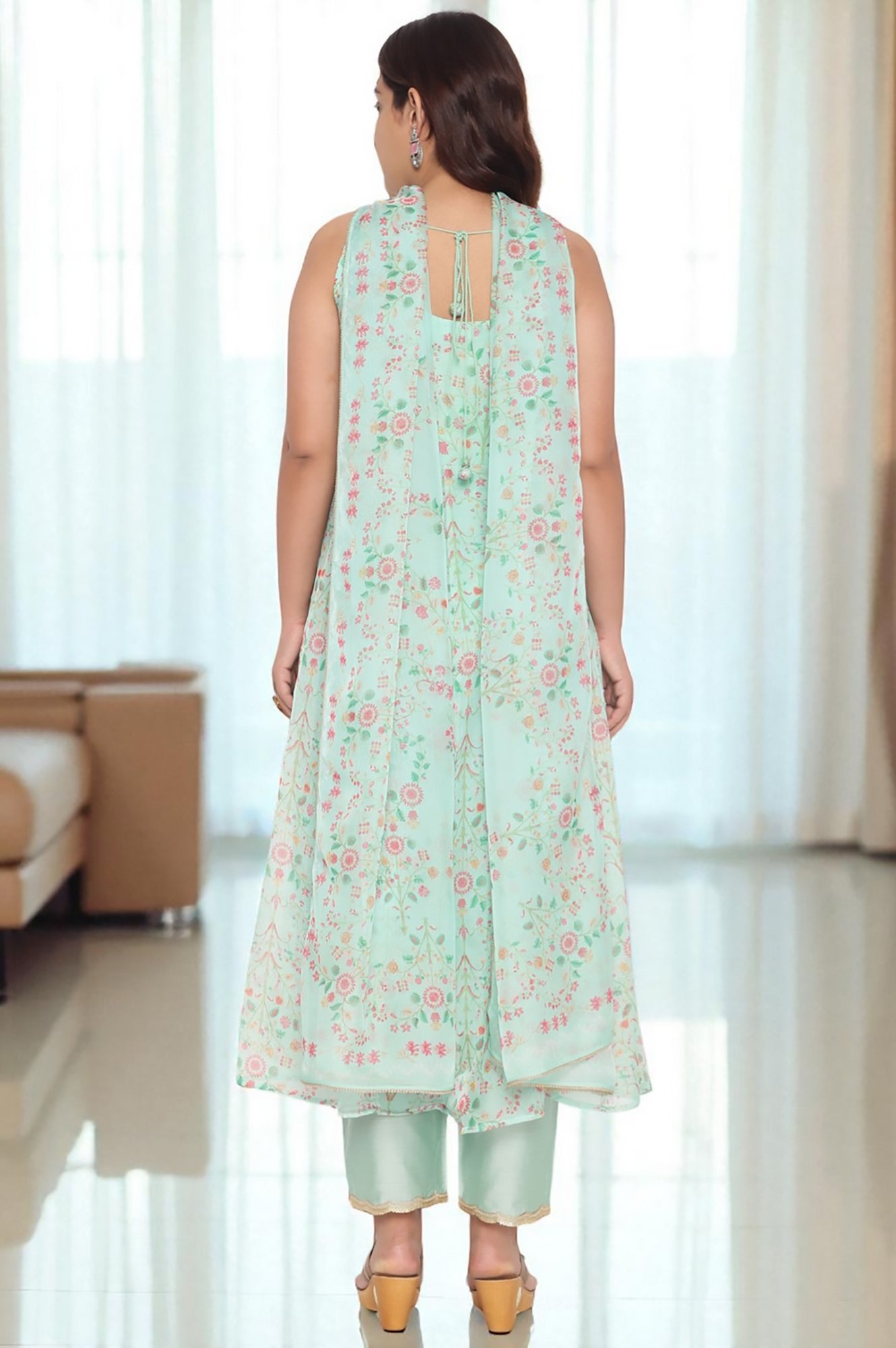 Mint Green Printed Organza Flared Kurta, Straight Pant and Dupatta Set