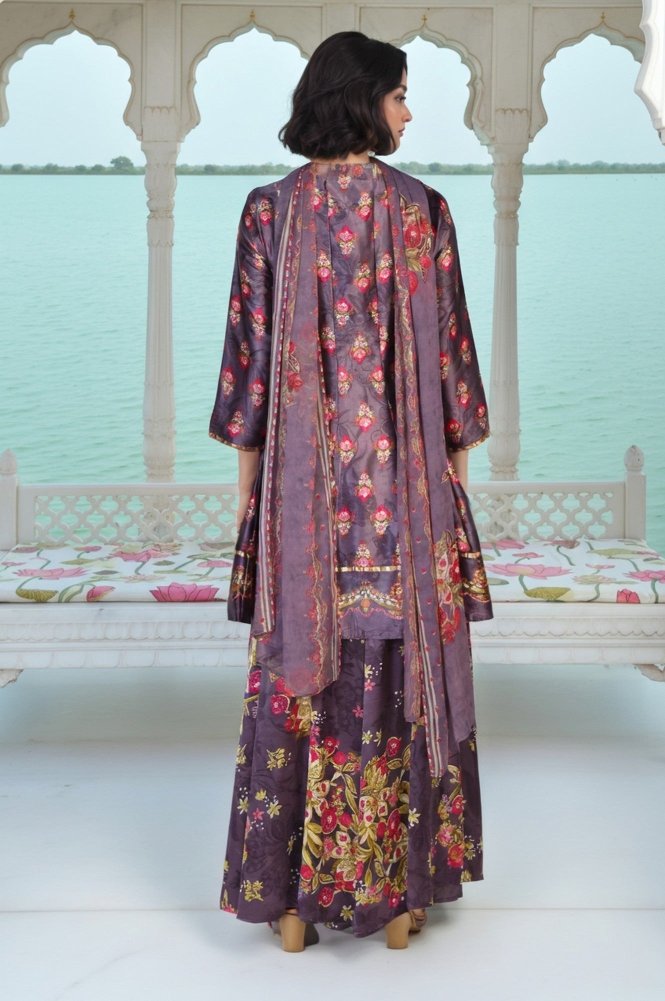 Charcoal Floral Print Beaded Flared Satin Kurta with Culotte and Dupatta Set