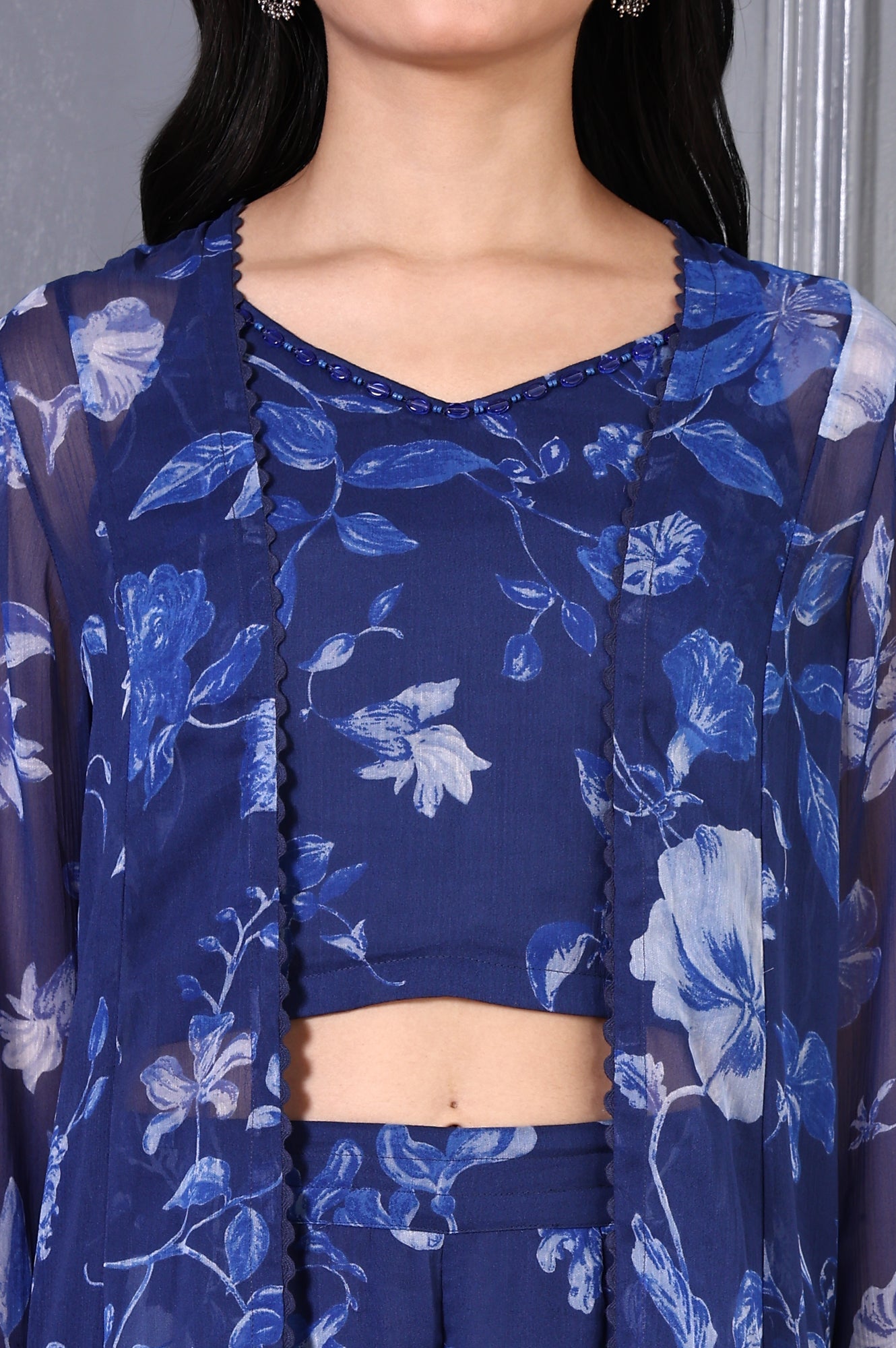 Blue Floral Printed Beads Chiffon Flared Crop Top, Jacket and Flared Pants Set