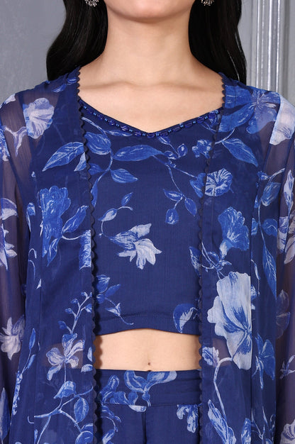 Blue Floral Printed Beads Chiffon Flared Crop Top, Jacket and Flared Pants Set