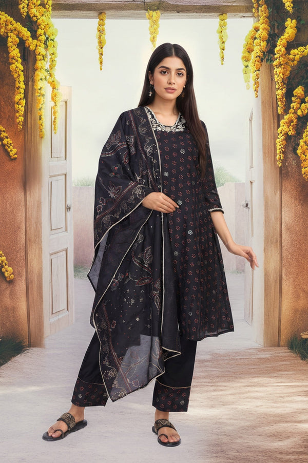 Black Embroidered A-Line Kurta with Straight Pant and Dupatta Set