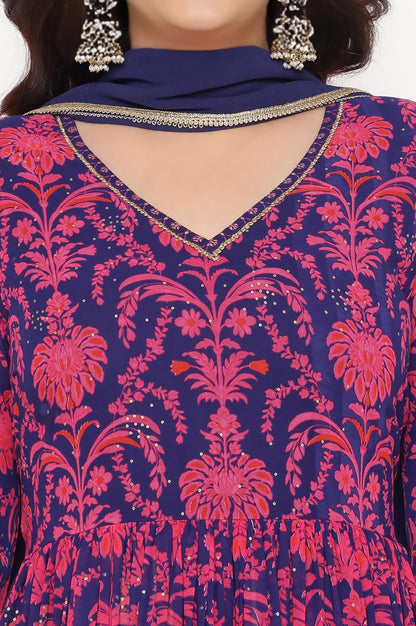 Pink Printed Georgette Flared Kurta, Flared Pant and Dupatta Set