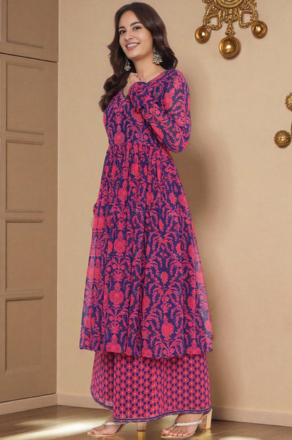 Pink Printed Georgette Flared Kurta, Flared Pant and Dupatta Set