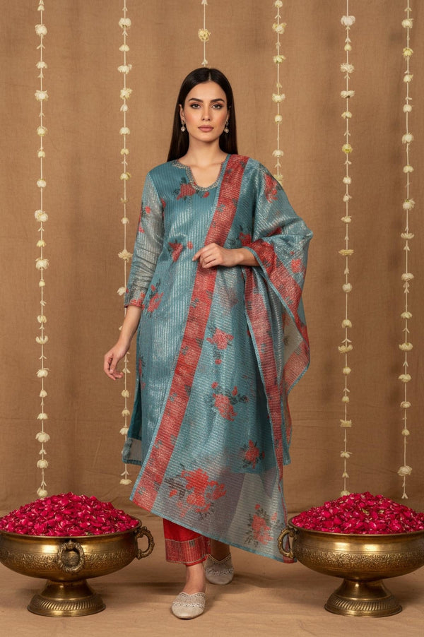Teal Floral Printed Embroidered Neck Straight Lurex Kurta with Straight Pant and Dupatta Set