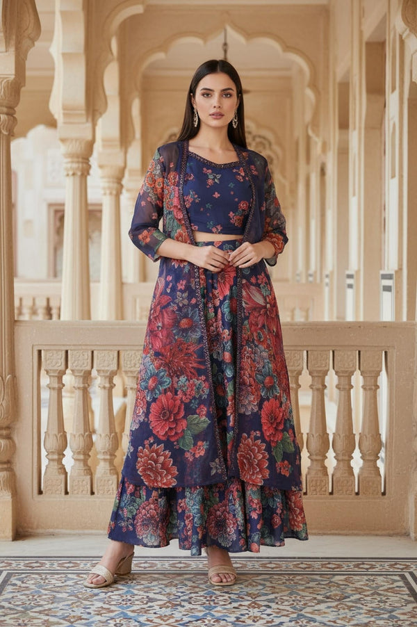 Navy Blue Floral Printed Embroidered Crop Top with Organza Jacket and Skirt Set