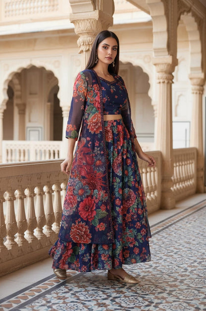 Navy Blue Floral Printed Embroidered Crop Top with Organza Jacket and Skirt Set