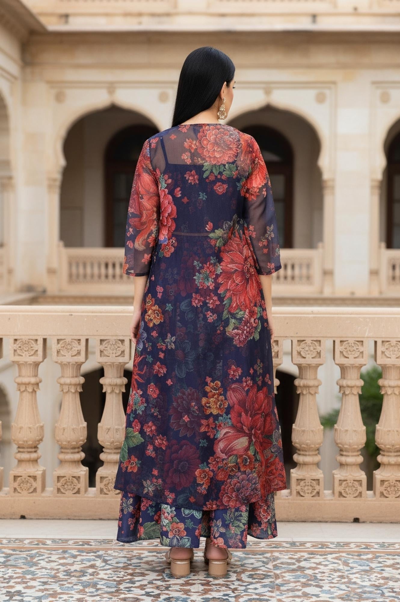 Navy Blue Floral Printed Embroidered Crop Top with Organza Jacket and Skirt Set
