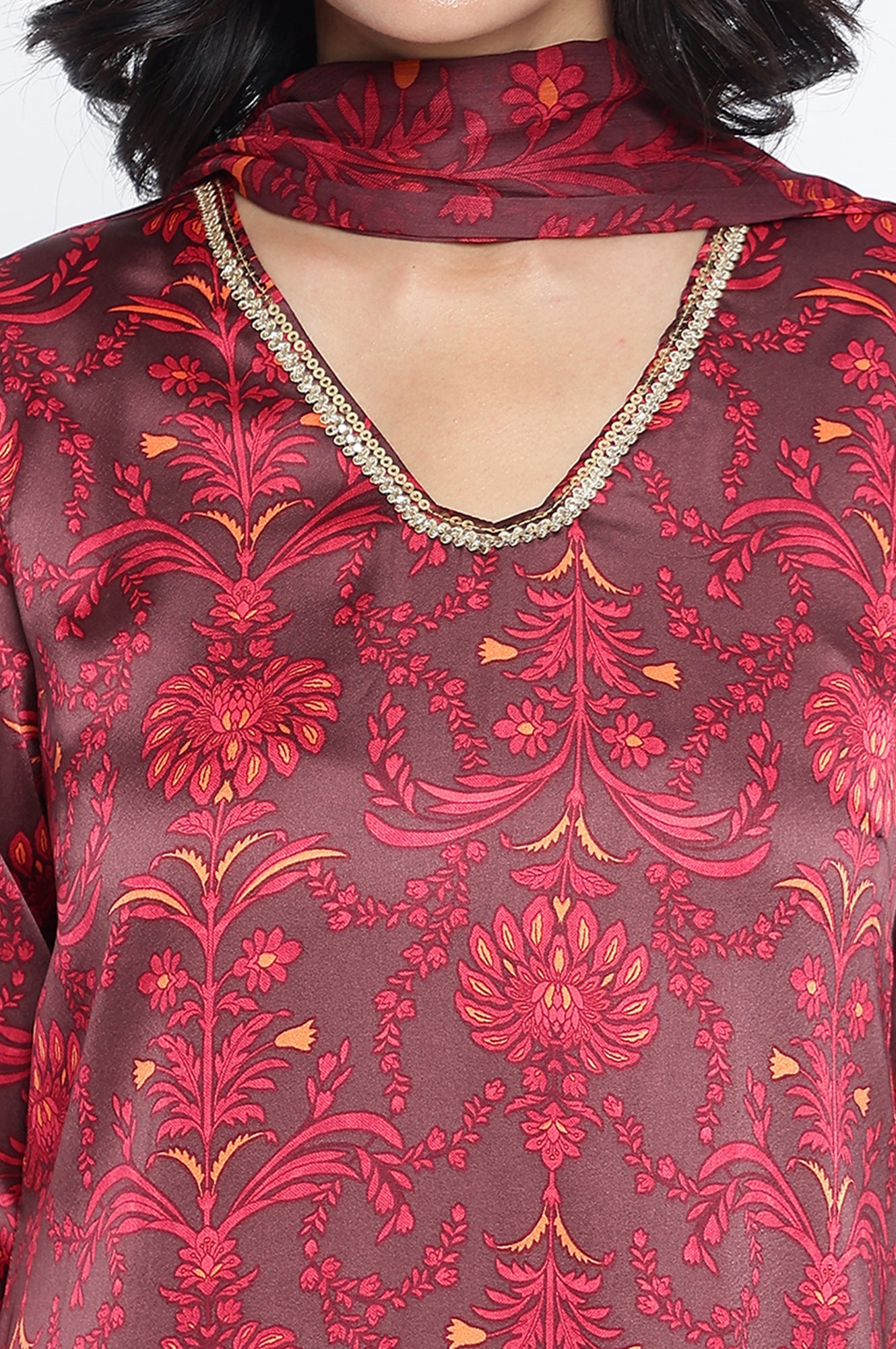 Chocolate Brown Printed Japanese Satin A-Line Kurta, Straight Pant and Dupatta Set
