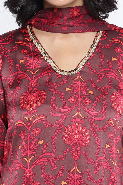 Chocolate Brown Printed Japanese Satin A-Line Kurta, Straight Pant and Dupatta Set