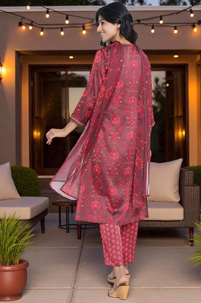 Chocolate Brown Printed Japanese Satin A-Line Kurta, Straight Pant and Dupatta Set