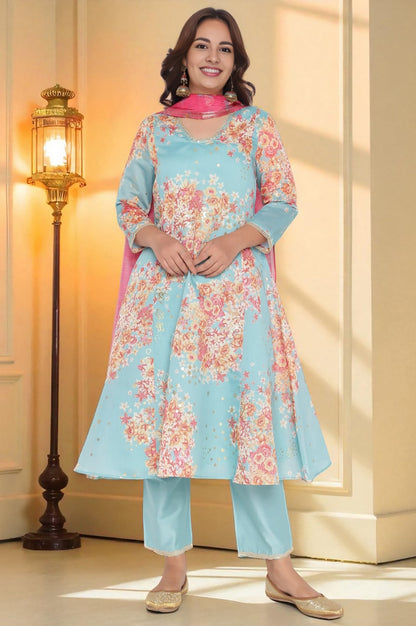 Blue Printed Chanderi Flared Kurta, Straight Pant and Dupatta Set