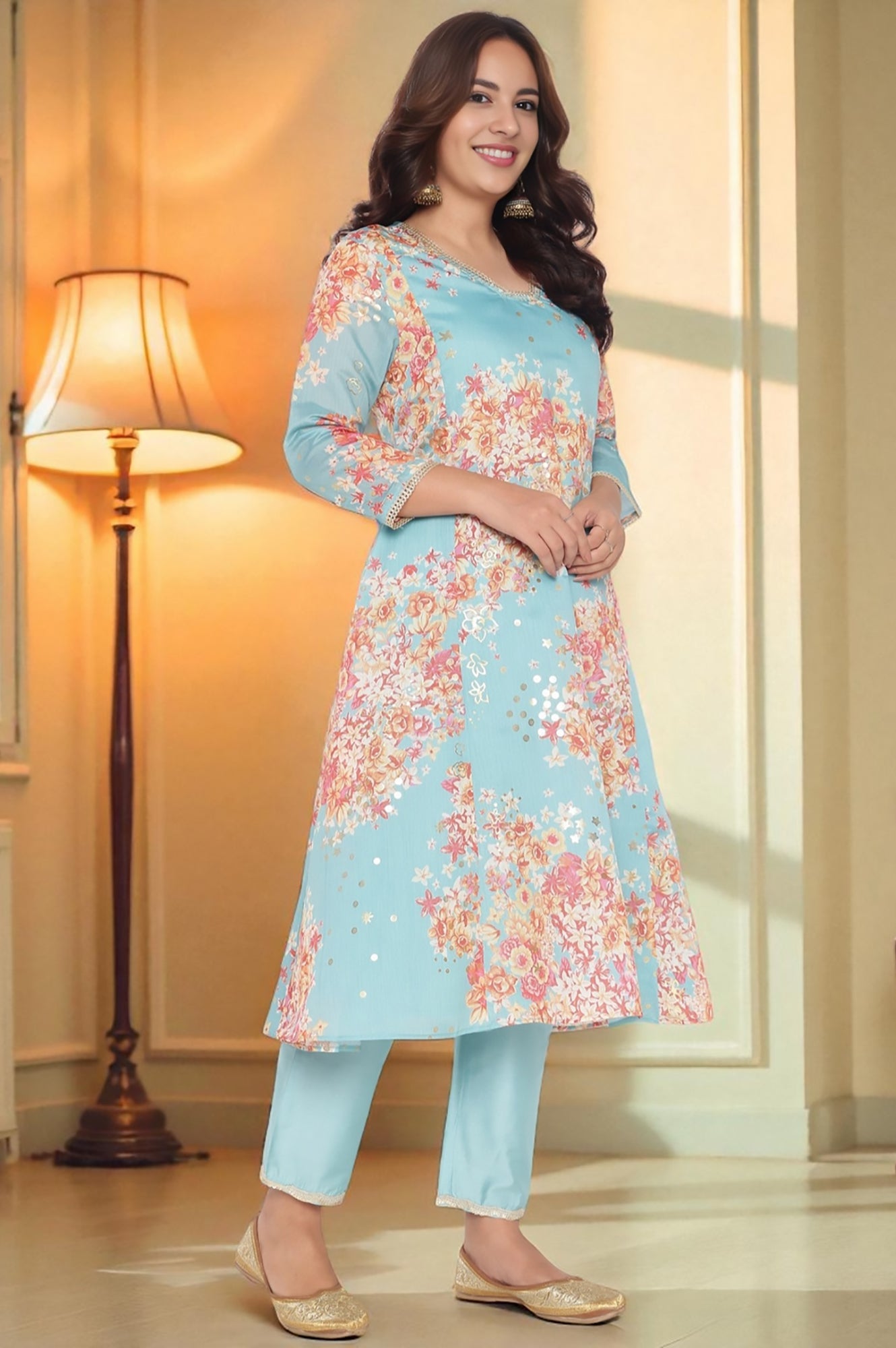 Blue Printed Chanderi Flared Kurta, Straight Pant and Dupatta Set