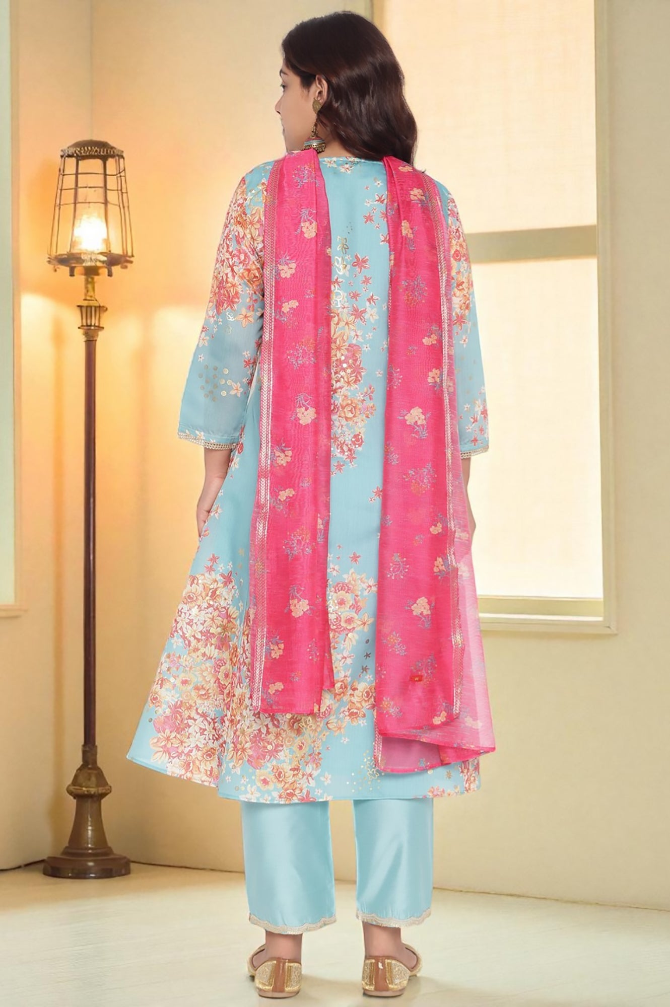 Blue Printed Chanderi Flared Kurta, Straight Pant and Dupatta Set