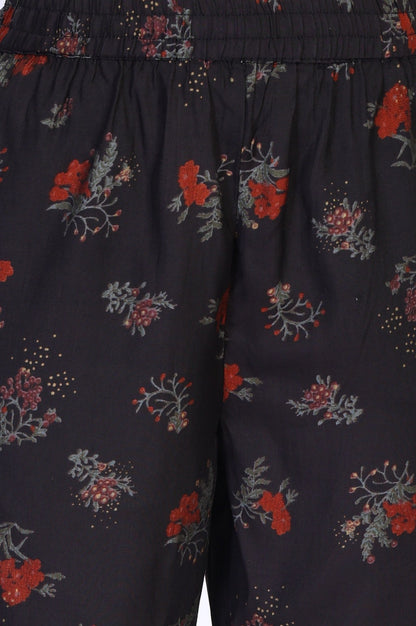 Black Floral Printed Tape Detail A Line Crape Kurta with Pant and Dupatta Set