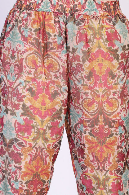 White Floral Printed Tape Detail Flared Chiffon Kurta with Pant and Dupatta Set