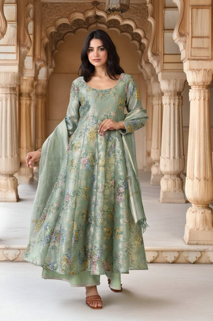 Mint Green Floral Print Tape Anarkali Jacquard Kurta with Flared Pant and Dupatta Set