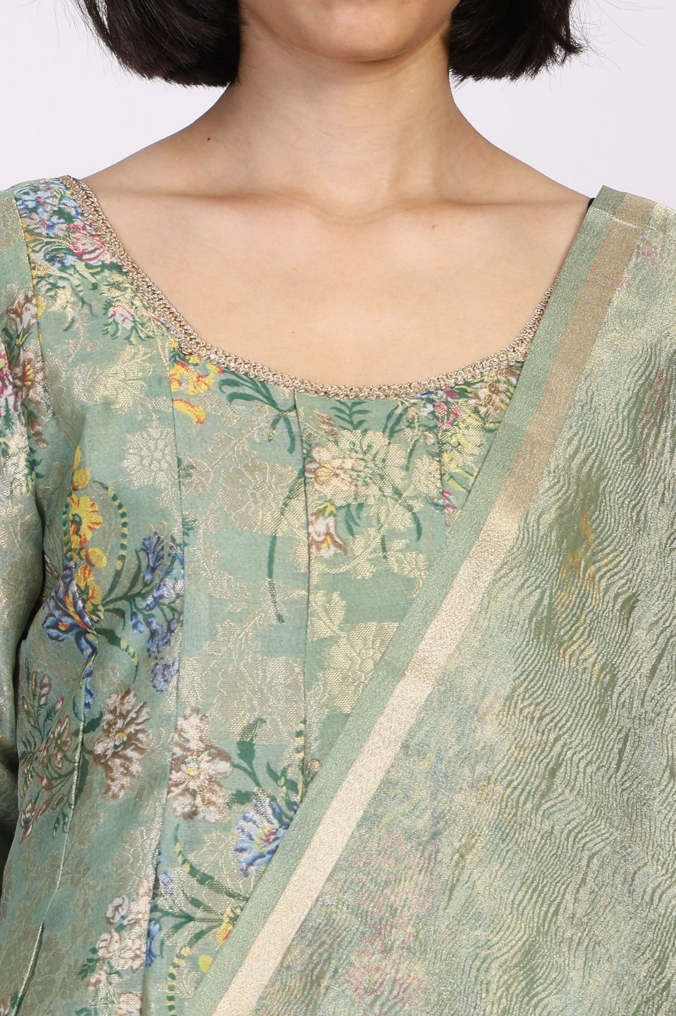 Mint Green Floral Print Tape Anarkali Jacquard Kurta with Flared Pant and Dupatta Set