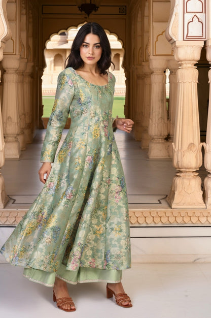 Mint Green Floral Print Tape Anarkali Jacquard Kurta with Flared Pant and Dupatta Set