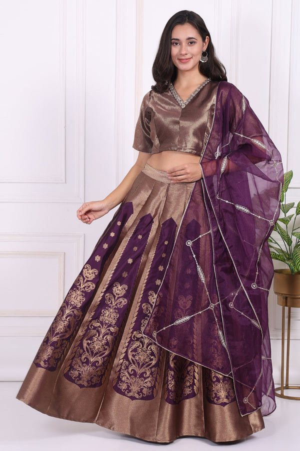 Purple Embellished Jacquard Straight Crop Top, Skirt and Dupatta Set