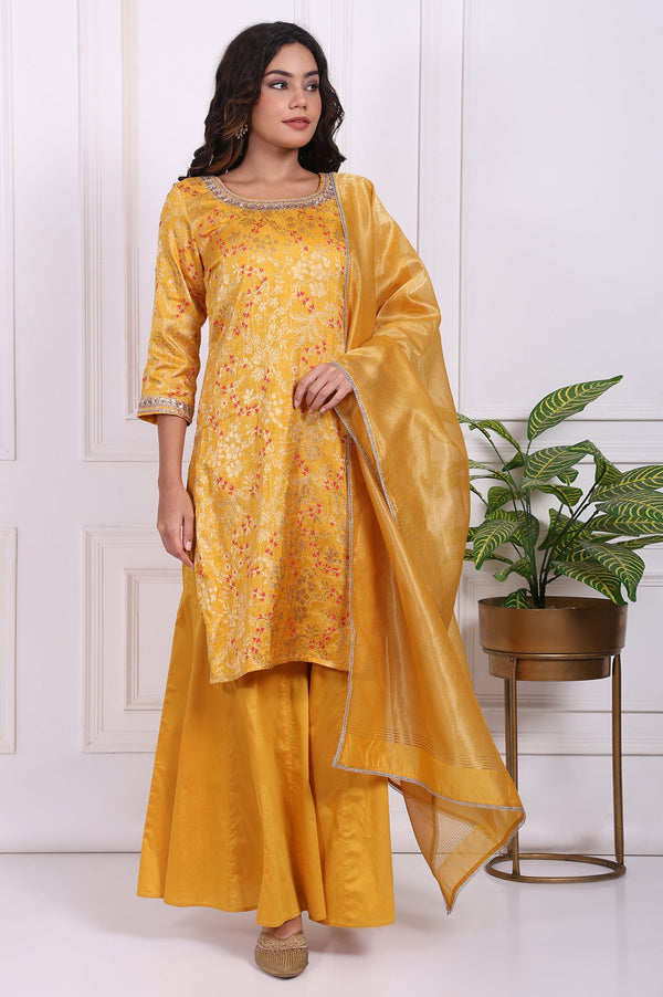 Yellow Embroidered Straight Jacquard Kurta with Sharara and Dupatta Set