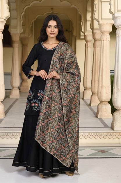 Black Floral Thread Embroidery Straight Woven Kurta with Flared Pant and Dupatta Set