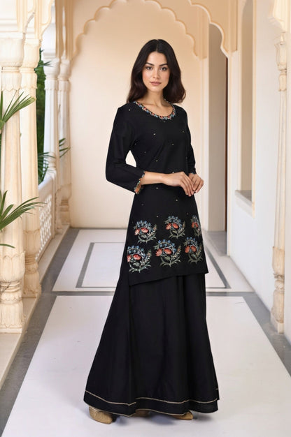 Black Floral Thread Embroidery Straight Woven Kurta with Flared Pant and Dupatta Set