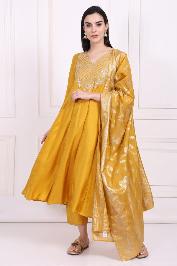 Yellow Embroidered Silk Flared Kurta, Straight Pants and Dupatta Set
