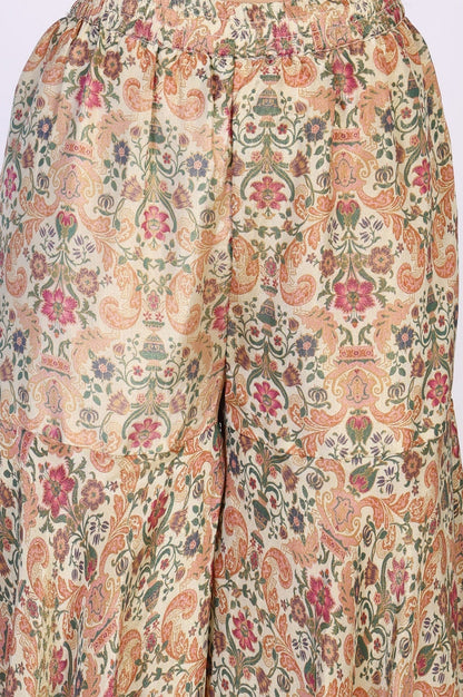 White Floral Print Tape Flared Tissue Kurta with Sharara and Dupatta Set
