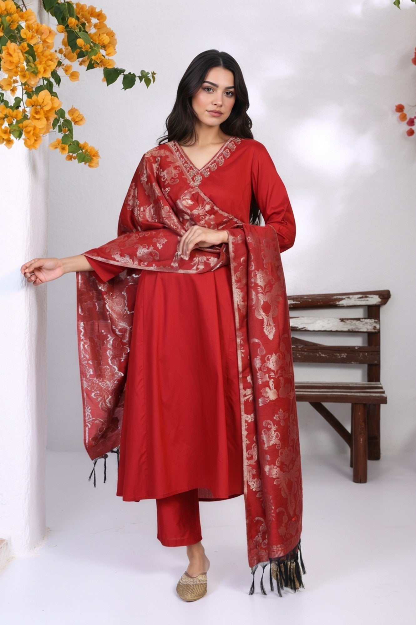 Red Floral Print Metallic Embroidered Flared Woven Kurta with Straight Pant and Dupatta Set