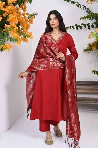 Red Floral Print Metallic Embroidered Flared Woven Kurta with Straight Pant and Dupatta Set