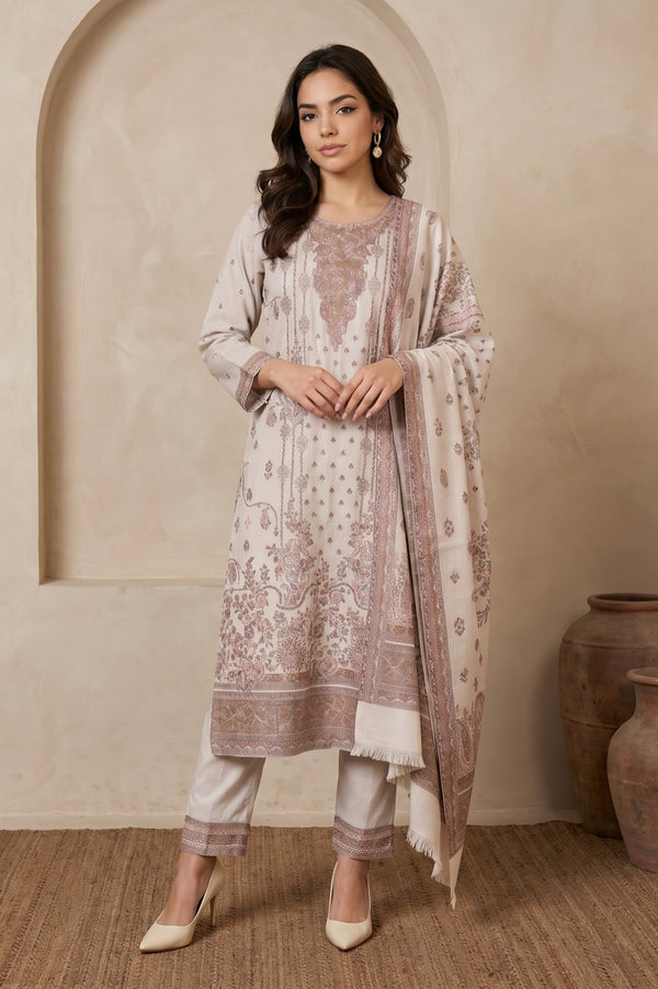 W Off White Jacquard Straight Winter Kurta with Pants and Dupatta Set