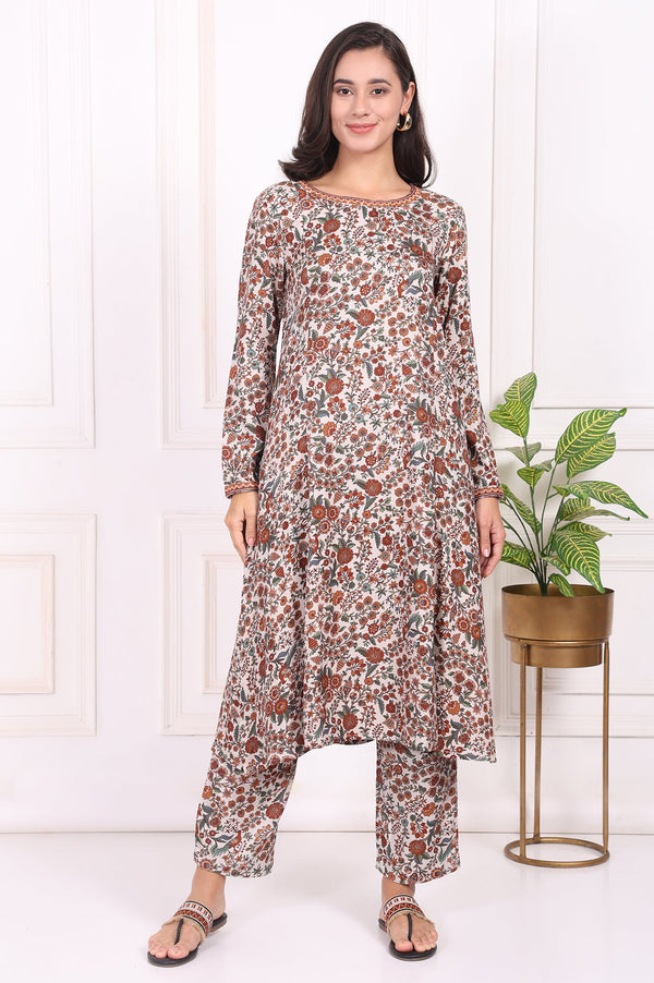 White Floral Printed Straight Kurta and Straight Pants Set