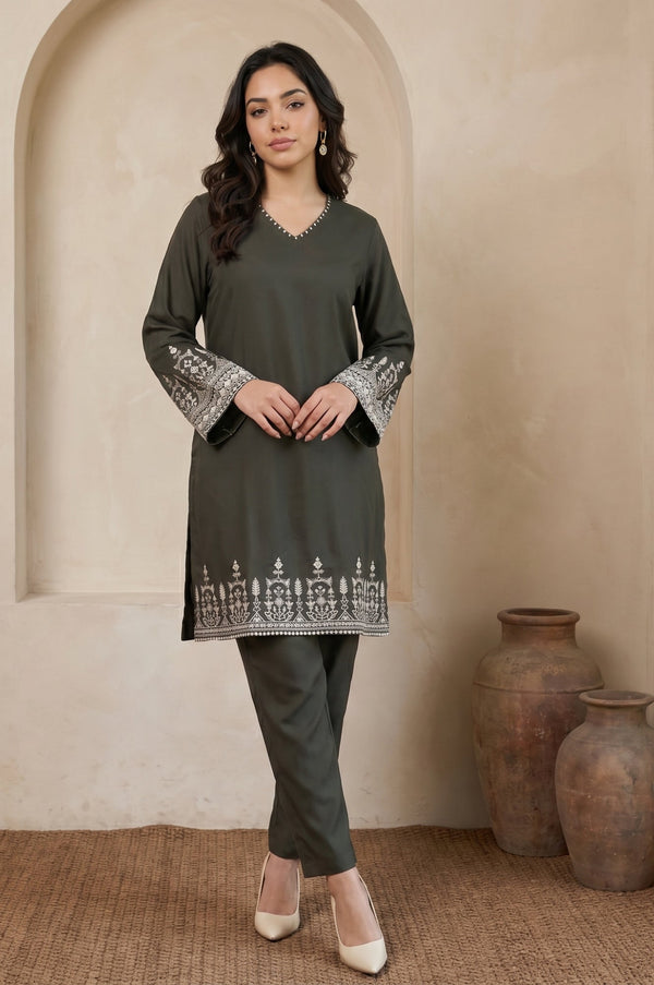 W Olive Green Thread Embroidered Straight Winter Kurta and Pants Co-ord Set