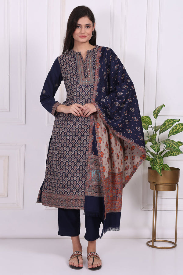 Navy Blue Ethnic Motifs Printed Straight Kurta, Pants and Dupatta Set